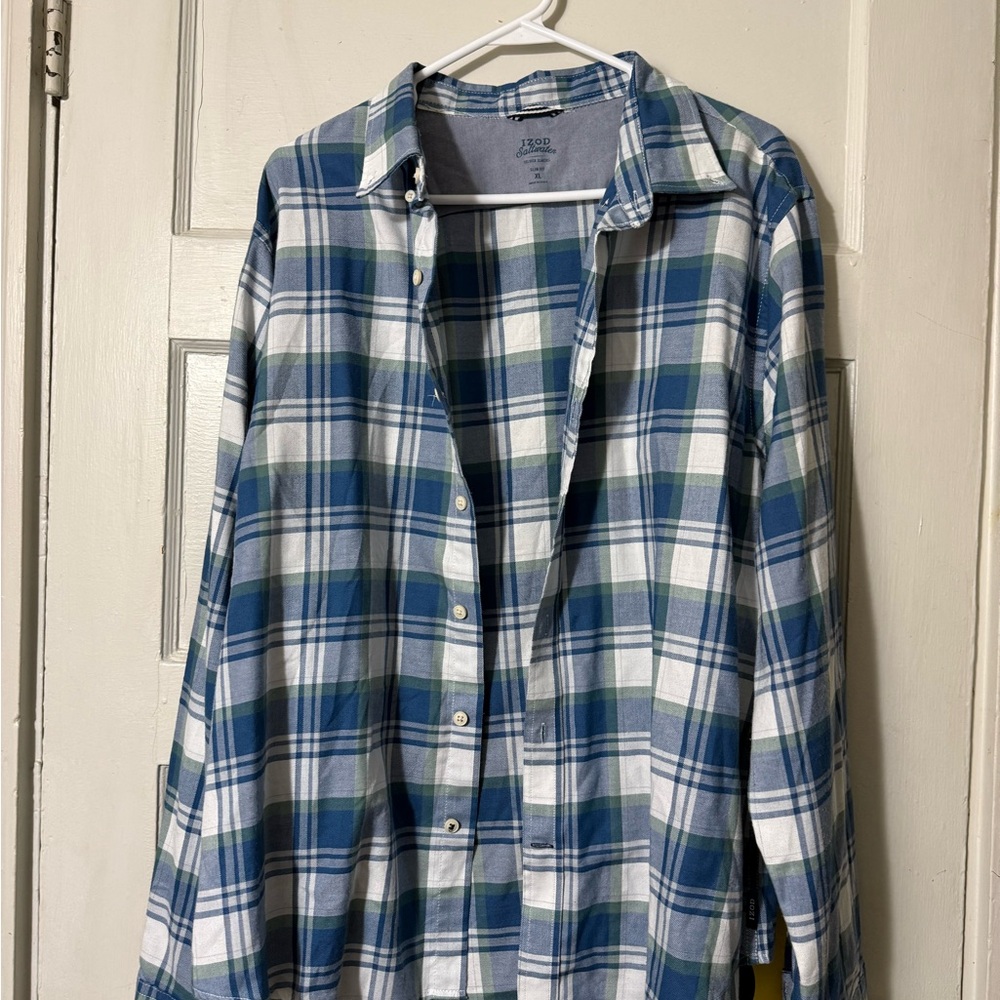 Izod Men's Blue and White Plaid Button Down Shirt
